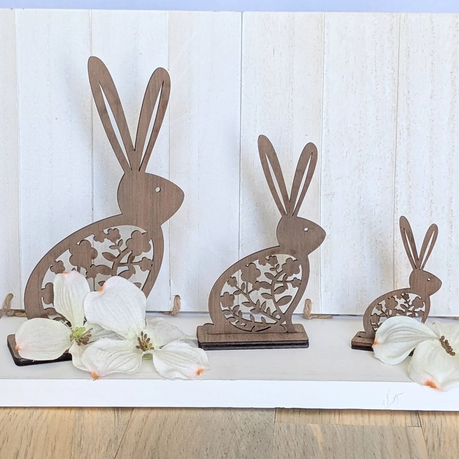 Set of 3 Walnut Wood Easter Bunny Decor with Intricate Cut-Outs